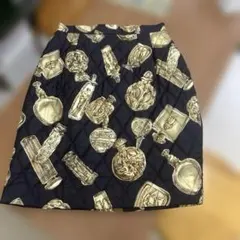 メルローズ ヴィンテージ バブリー　古着　スカーフ柄キルティング紺ミニスカート