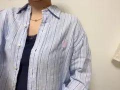 春夏爽やかカラー❤︎ラルフローレンワンポイント刺繍ストライプリネンシャツ　ブルー白