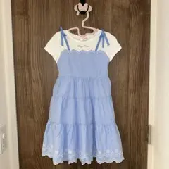 美品　メゾピアノ　カットワークギンガムドッキングワンピース　サックス　120cm