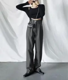 me+em select 太ベルトハイウエストウールライクカラータックスラックス
