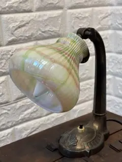 ランプシェード　乳白色につや×ライトグリーンとピンク模様　電傘　アンティーク