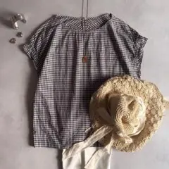 美品▲Spick & Span コットン ギンガムチェック ブラウス フリル袖