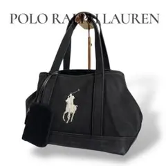 良品 ラルフローレン ハンドバッグ ミニ ミニポーチ付 キャンバス ブラック