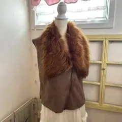 未使用　フェイクファー　ムートンジレ　ファーベスト　茶　ブラウン