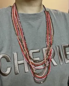 カジュアルビーズロングネックレス　ピンク　オレンジ　ゴールド