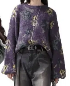 JEANASIS 5Gフラワーラメフェザープルオーバ 一　パープル　花柄