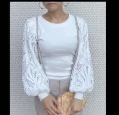 人気完売ジェンヌJENNEレースボリュームスリーブニット パフスリーブトップス