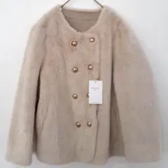 【タグ付き未使用】淡いベージュ ダブルブレストファーコート sizeM