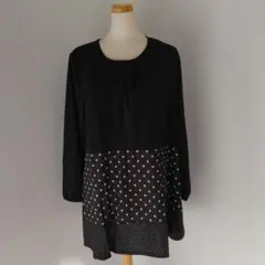4L 黒ドット切り替え長袖ワンピース