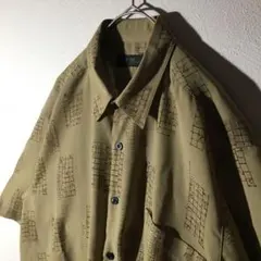 【個性派古着】長袖総柄デザインシャツ　くすみカラー　和柄　メンズL　ナチュラル