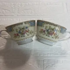 オールドノリタケ　花柄金縁カップ・ソーサー ノリタケ オールドノリタケ 金盛り花束絵 八角カップ＆ソーサー (d