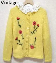 Vintage　花　刺繍　ニットカーディガン
