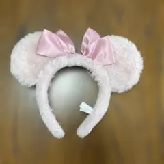 【美品】ディズニー ミニー カチューシャ ピンク もこもこ ボア サテンリボン