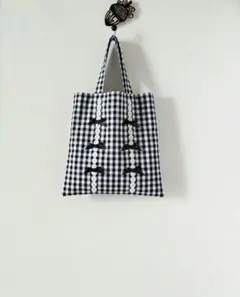 522ペタンコミニトートバッグマチなし黒約6㍉ギンガムレースリボンハンドメイド