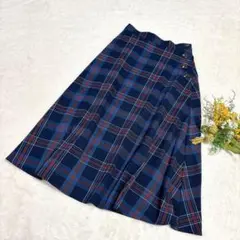 美品✨【ジーユー】チェックフレアミディスカート ウエストゴム ブルー M ○