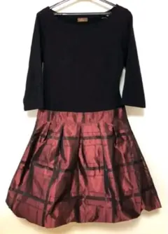 【新品】着痩せ効果✖高見えの光沢感✦黒✕ボルドー✦大人女子ドッキングワンピ