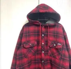美品 Dickies ブルゾンジャケット 赤チェック柄フーディー ボタン留めXL