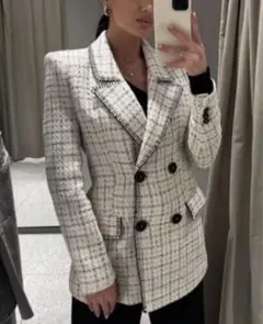 ZARA ザラ　テクスチャード　ホワイトツイード　チェックジャケット　ブレザー