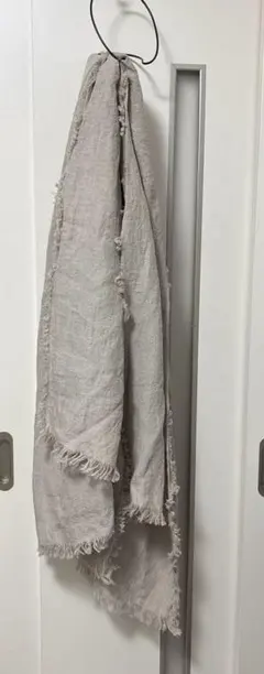 大判　ベルギーリネン　フリンジ　ストール　ショール　グレージュ　リネン　麻