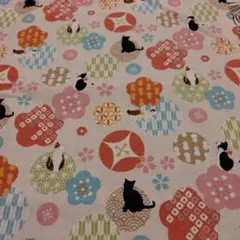 布地 生地　薄いピンク地に和柄な猫