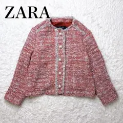 ZARA ノーカラー ツイード ジャケット 赤 パールボタン L フォーマル