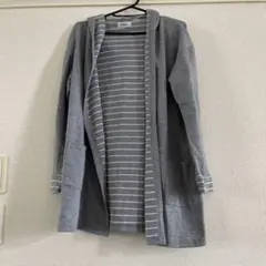 ●Navy フード付きロングカーディガン グレー ボーダー柄 パーカーのサムネイル
