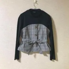 美品　薄手　 ビスチェ付きカットソー　ハイネック　チェック　ショート丈