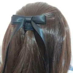 サテンブラックリボン ヘアゴム(ゴム、ピン変更OK❗)２５cm付き