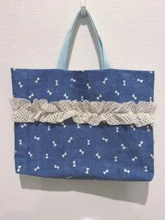 リボン柄入園バッグ 青色 レース付き　ハンドメイド