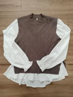 ◎美品◎coca 薄手ニットベスト＋フリルブラウスセット モカブラウン L