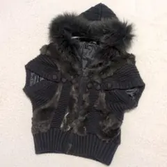 【高級リアルファー】リアルラビットファー ニットベスト パーカー 黒