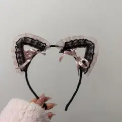 猫耳ヘアバンド 黒とピンクのレース付き