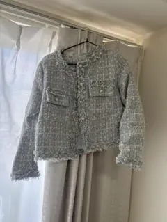 フリンジツイードジャケット 青　韓国ファッション　DHOLIC