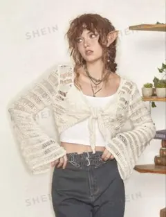 ROMWEアイボリー ニットカーディガン 前結び　クロップ　Sサイズ