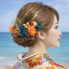 オレンジグリーン♡金箔付♡髪飾り ヘッドドレス 前撮り 成人式 卒業式 七五三