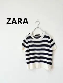 ZARA ザラ　ボーダー 半袖ニット サマーニット ネイビー クロップド丈