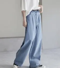 TRストレッチルーズシルエットハイウエストストレートパンツ/デニムパンツ