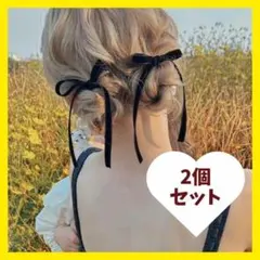 ベルベット　ベロア　リボン　黒　ブラック　ヘアアクセサリー　ヘアゴム　2点セット