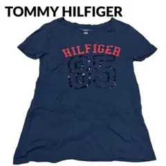 TOMMY HILFIGER ネイビー VネックTシャツ 85スパンコール S