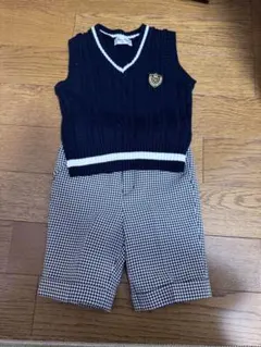 ネイビー ベスト　チェック柄パンツ　長袖シャツ　3点セット