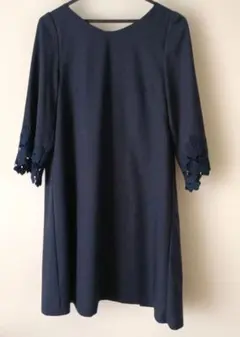ネイビー 袖レース ワンピース PourVous プールヴー Lサイズ ドレス