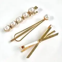 パール装飾ヘアクリップ3本セット ゴールド×パール