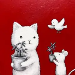 自作絵画 花が咲いたよ 猫とネズミの絵 絵画 原画 アクリル画 イラスト