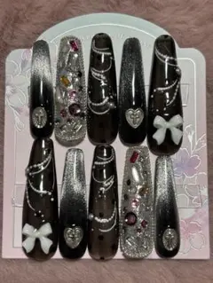 ブラックシルバーりぼんマグネットネイルチップセット