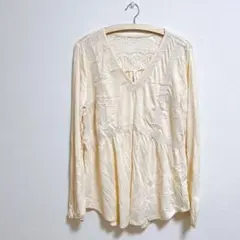 ホワイト カットソー 春コーデ【2XL】レース Vネック 長袖シャツ クリーム