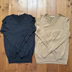 ダークグレー・ベージュ Vネック長袖セーター Lサイズ