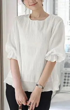 新品 シフォンブラウス ギャザーブラウス ホワイト 白色 M 半袖 フレア袖
