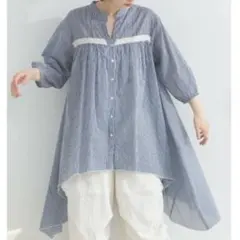 Lupilien 裾フレア インド綿 チュニック ワンピース ネイビーストライプ