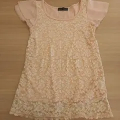 CECIL McBEE レーストップス 半袖 チュニック ピンクベージュ 春夏