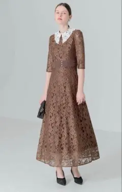 『最終値下げ』Leja レースビッグカラー花柄刺繍ウエストマークロングフレアドレ